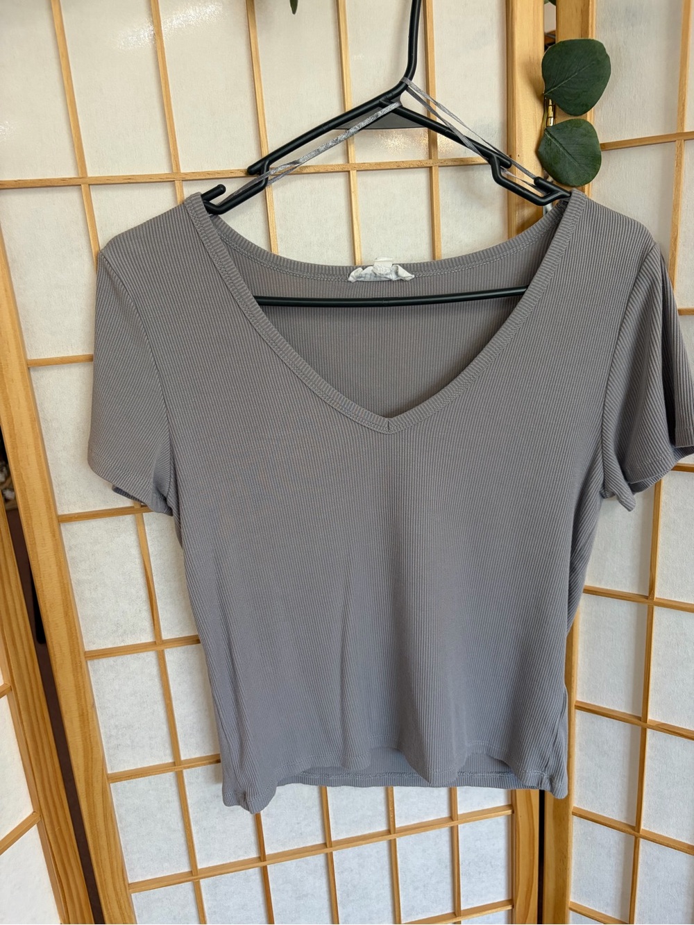 Olive & Oak Ribbed V-Neck Short Sleeve Top - Gray